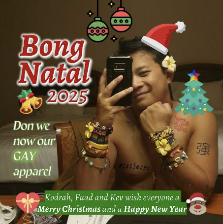 Dreamfishing Example: Holiday card image featuring a shirtless man surrounded by text and Christmas icons framing the image. Text reads "Bong Natal 2025; Don we now our gay apparel; Kodrah, Fuad, and Kev with everyone a Merry Christmas and a Happy New Year"