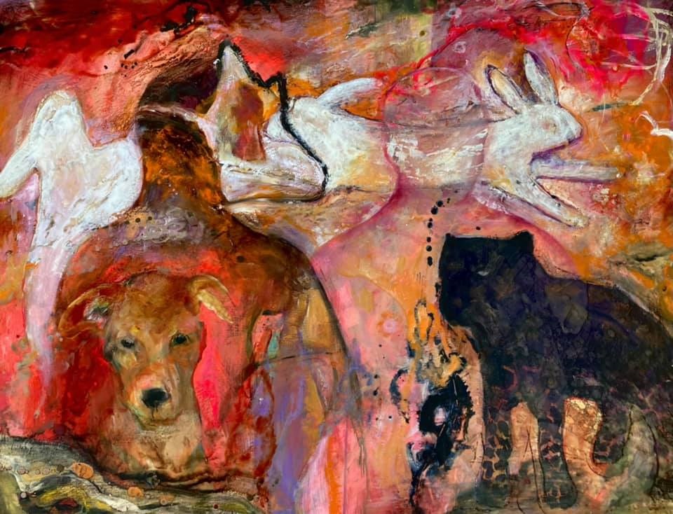 Chasing Rabbits (2023) Encaustic on cradled wood panel, 48" x 36"; © Kristen T. Woodward. Courtesy of the artist.