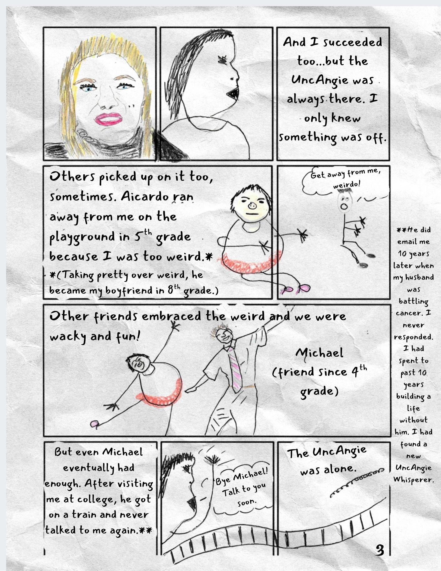 Page 3 of The UncAngie comic; Comic Page on Friendship, Rejection, and the Persistence of UncAngie Patterns, featuring 9 comic panels - the individual panels (with full descriptions) are shown later on this page.