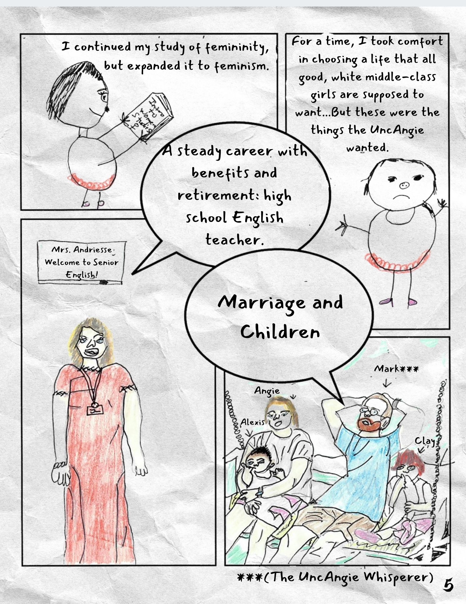 Page 5 of the UncAngie Comic; Comic Page on Feminism, Expected Life Paths, and the UncAngie’s Desires; featuring 4 panels and 2 large speech bubble - the individual panels (with full descriptions) are shown later on this page.