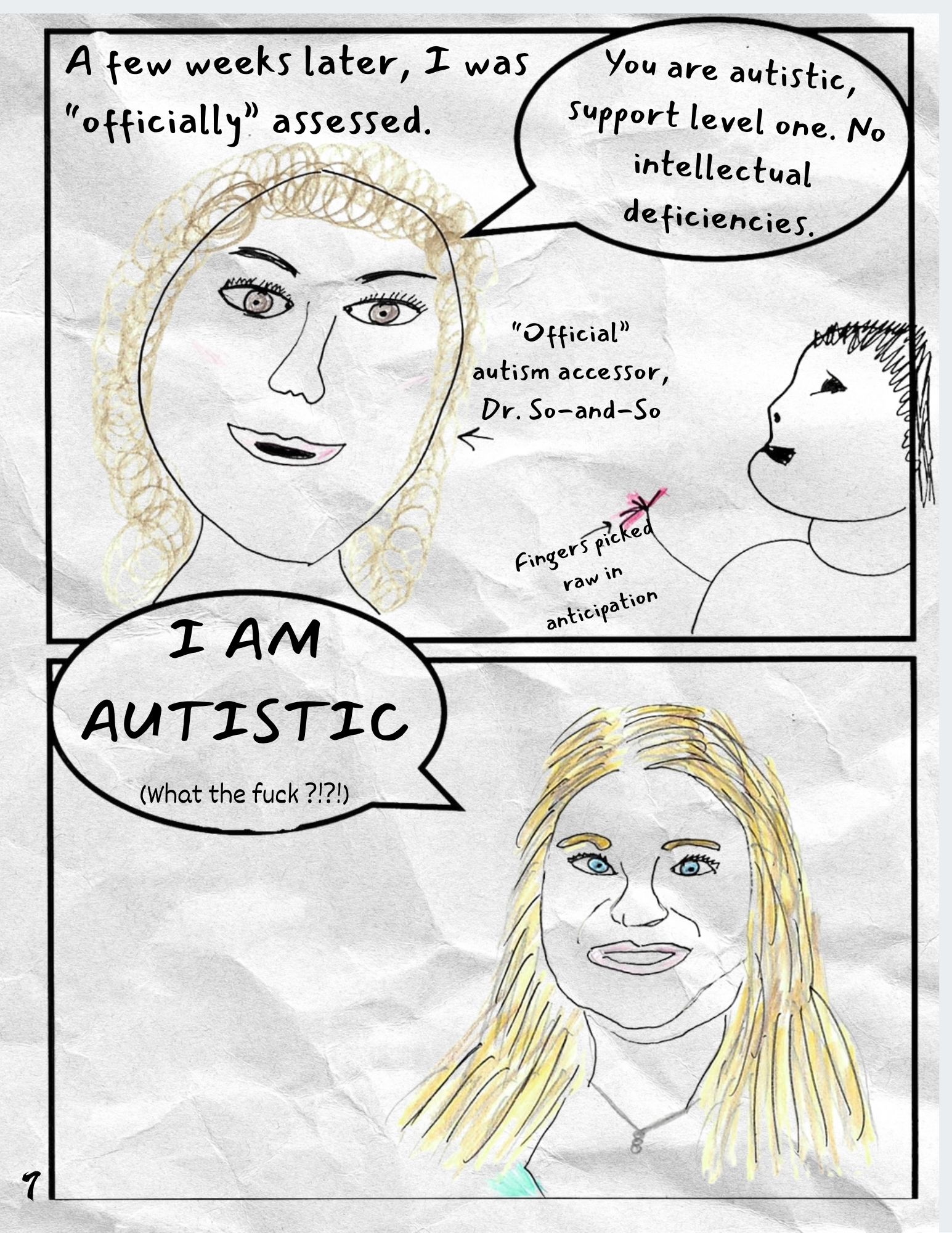Page 7 of the UncAngie comic; Comic Page on Receiving an Official Autism Assessment; featuring 2 large panels - the individual panels (with full descriptions) are shown later on this page