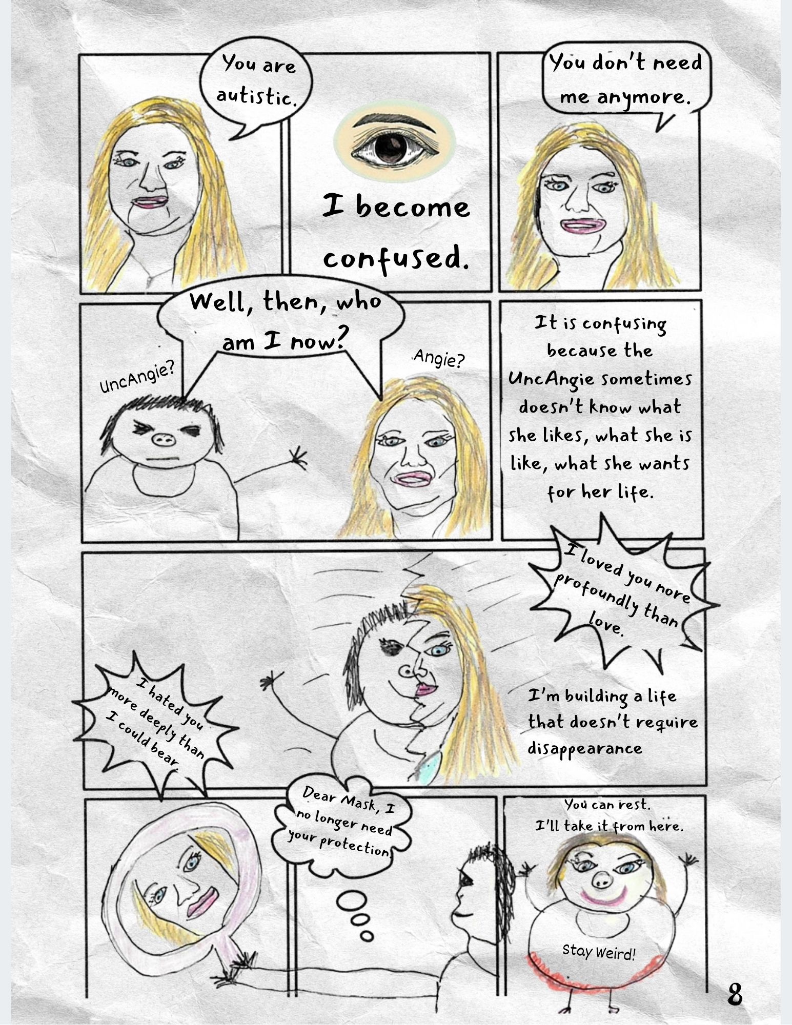 Page 8 of the UncAngie Comic; Comic Page on Identity, Integration, and Letting Go of the Mask featuring 9 panels - the individual panels (with full descriptions) are shown later on this page.