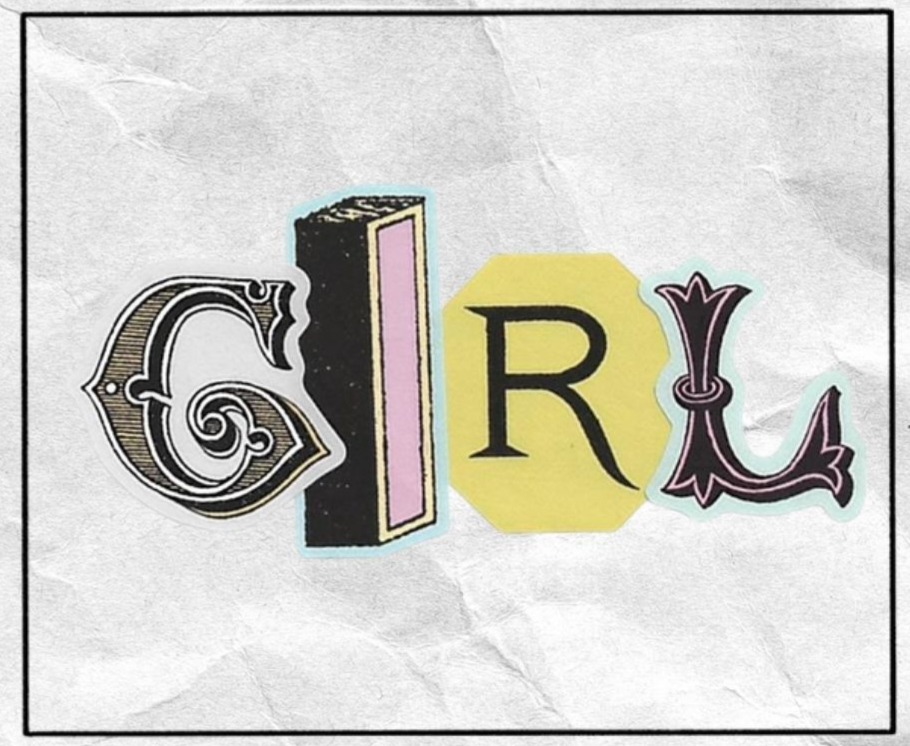 Bottom left panel spells “GIRL” in mixed decorative letters and pastel shapes.