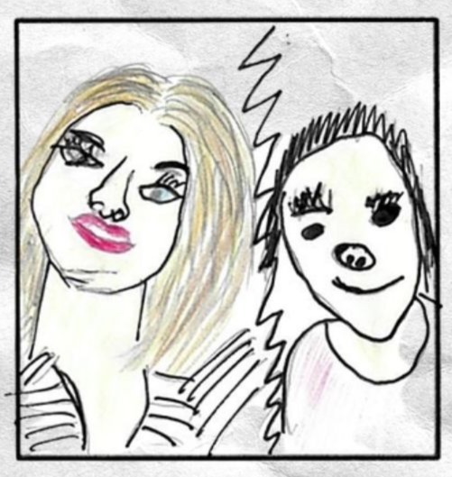 Bottom right panel shows two simple hand-drawn female figures side by side, one with long blonde hair and pink lips, the other with short dark spiky hair and a small smile.