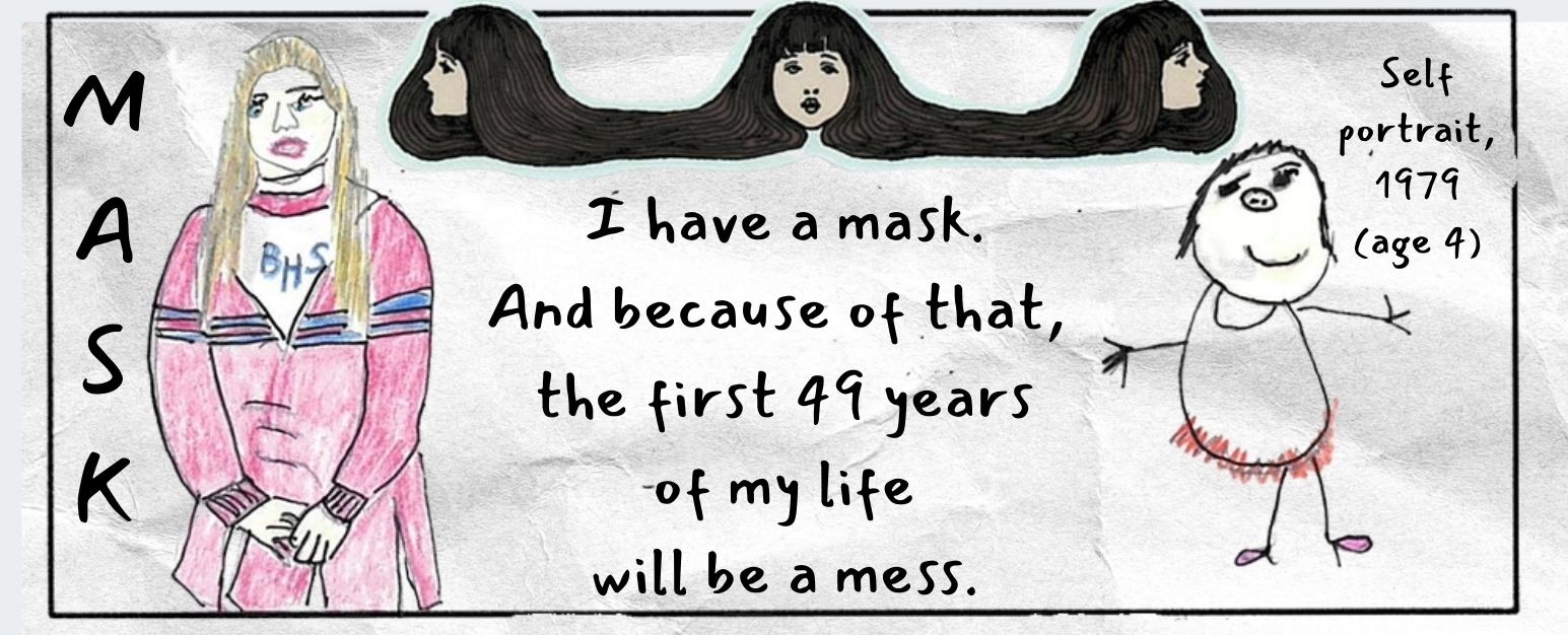 Top panel of multiple-panel comic page shows a blonde figure in pink beside the vertical word MASK. Three dark-haired faces float above like connected masks.