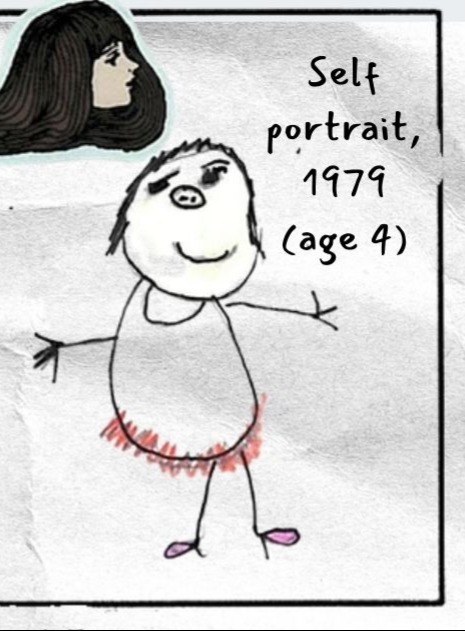 At right, a childlike self-portrait is labeled Self portrait, 1979, age 4.