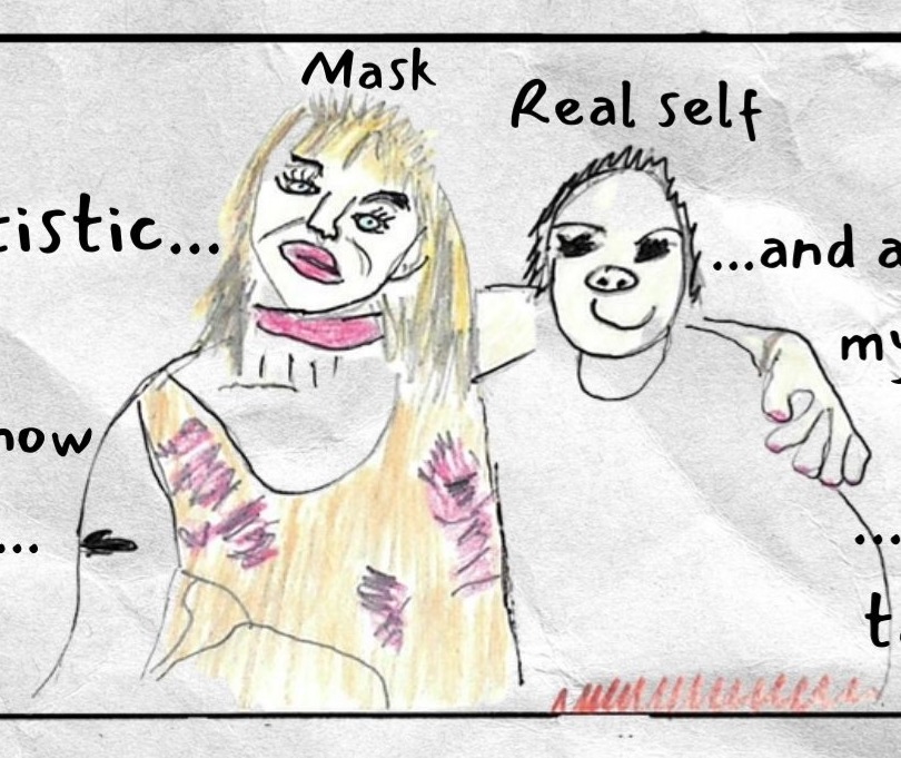 Bottom panel shows two figures standing close together, labeled Mask and Real self, with one arm draped around the other.