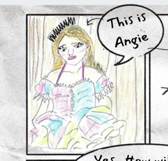 Top left panel of a multiple-panel comics page shows a feminine child figure in a pastel dress. A speech bubble reads: This is Angie.
