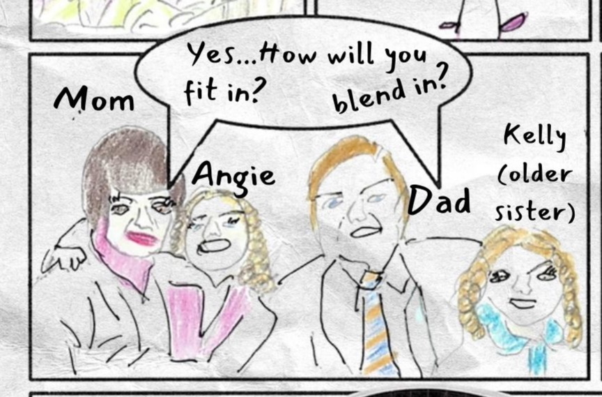Middle left panel shows four family members labeled Mom, Angie, Dad, and Kelly, older sister. A speech bubble reads: Yes... How will you fit in? blend in?