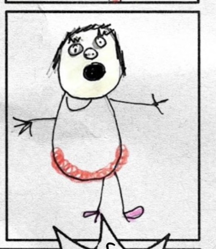Middle right panel shows a simple childlike drawing of UncAngie standing alone with arms out.