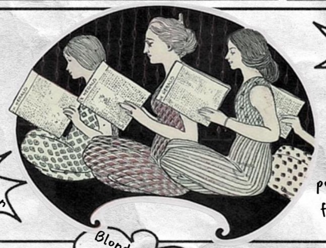 Center panel shows three seated women reading, drawn from a vintage-style illustration.