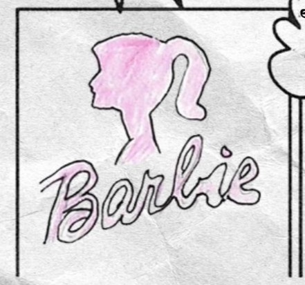 Bottom left panel shows the Barbie logo in pink beside a pink silhouette of a ponytailed head.