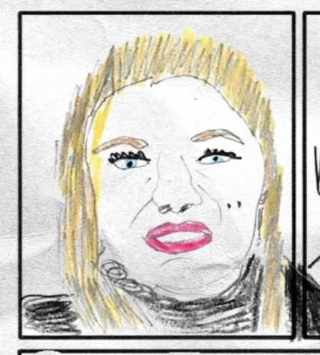 Top left panel of a multiple-panel comics page shows a close-up portrait of a blonde female face with blue eyes and pink lips.