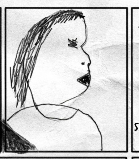 Top middle panel shows a side-profile drawing of the rougher, darker-haired UncAngie figure.