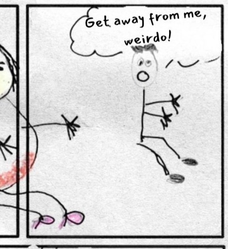 Middle right panel shows a small figure running away. A speech bubble reads: Get away from me, weirdo!