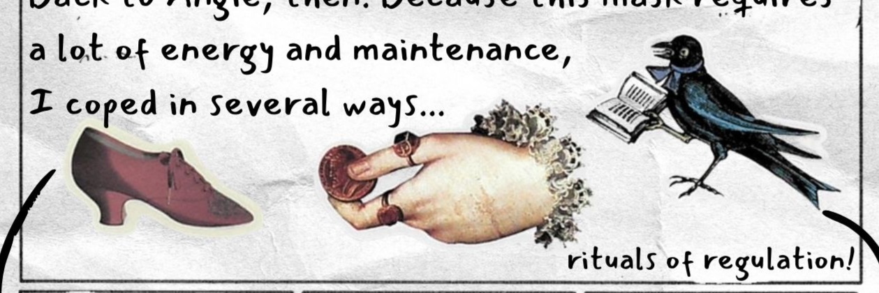 Top collage shows a shoe, a hand holding a coin, and a black bird carrying paper. Text reads: rituals of regulation!