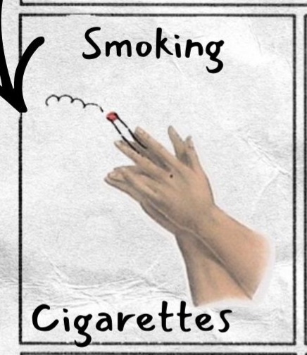 Left box is labeled Smoking. A hand holds a cigarette above the word Cigarettes.