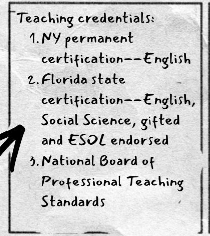 Lower left text reads: Teaching credentials: 1. NY permanent certification, English. 2. Florida state certification, English, Social Science, gifted and ESOL endorsed. 3. National Board of Professional Teaching Standards.