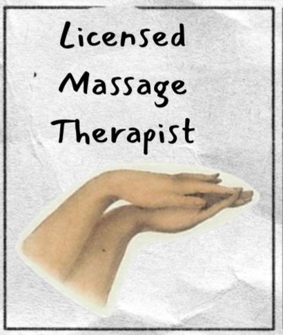Lower center box reads: Licensed Massage Therapist. Below the text is an image of two hands.