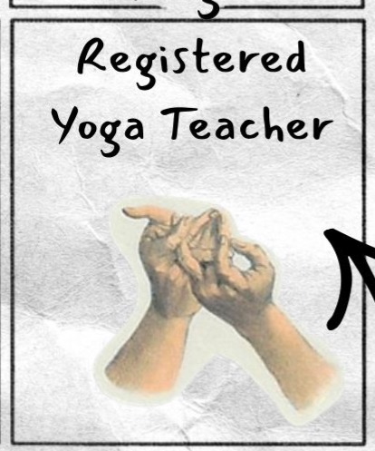 Lower right box reads: Registered Yoga Teacher. Below the text is an image of two hands forming a gesture.