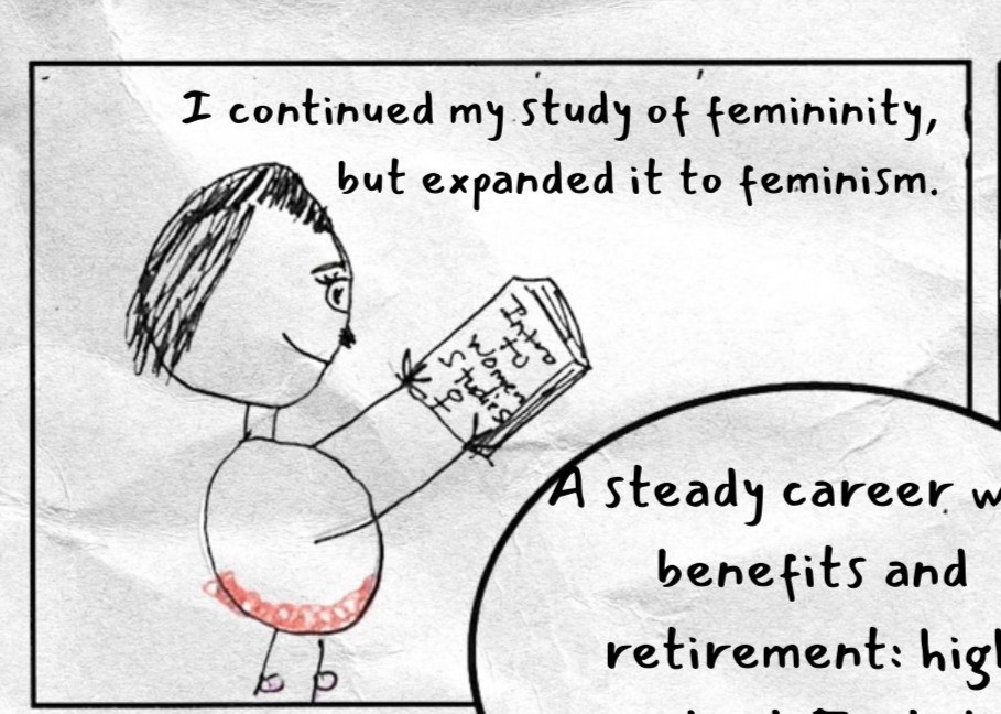 Top left panel of a multiple-panel comics page shows UncAngie holding a book. Text reads: I continued my study of femininity, but expanded it to feminism.