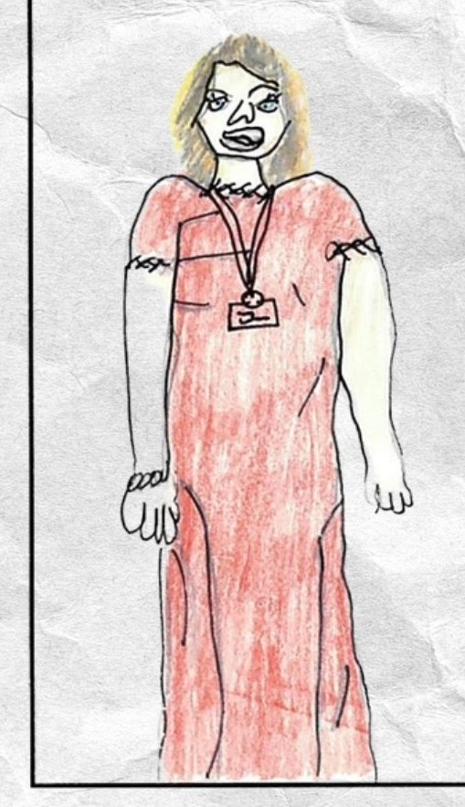 Lower left panel shows a full-body drawing of Angie wearing a long orange dress and a lanyard.