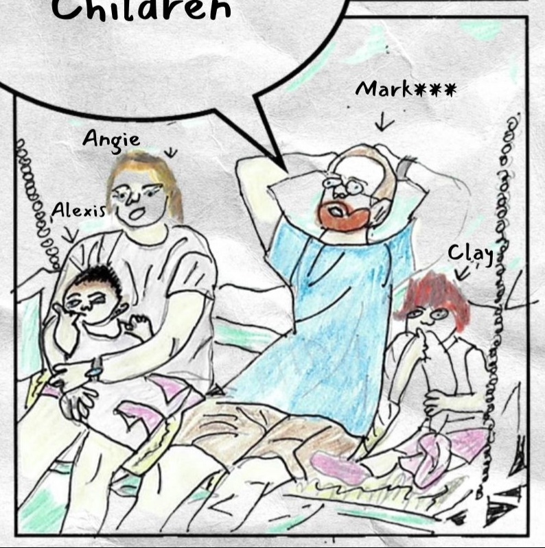 Lower right panel shows a family scene on a couch or bed. Figures are labeled Angie, Alexis, Mark, and Clay.