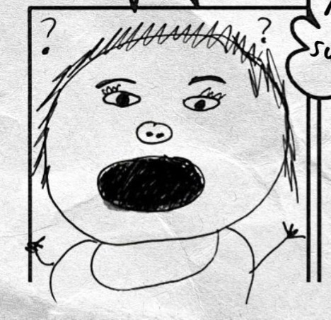 Bottom left panel shows Angie with a shocked expression and question marks around her head.