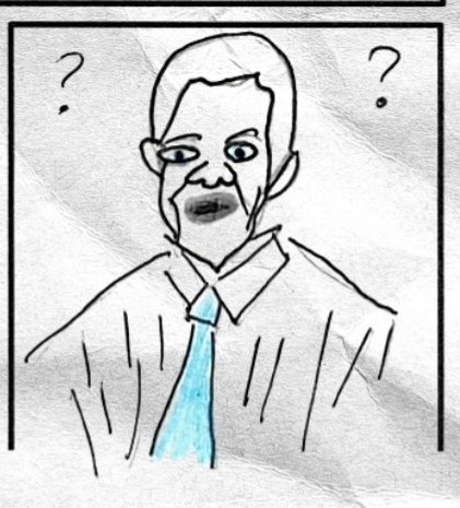 Bottom right panel shows Mark with question marks around his head.