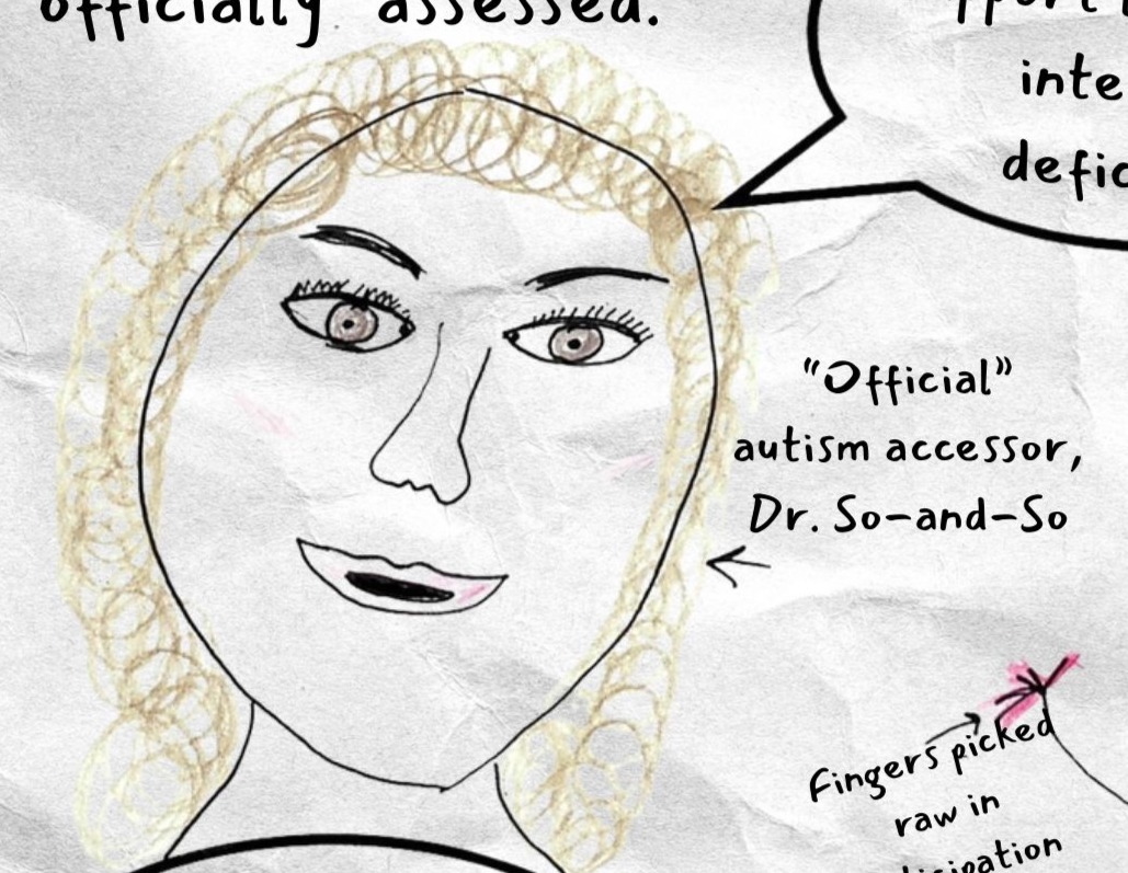 Top panel of a multiple-panel comics page shows a large portrait labeled: Official autism assessor, Dr. So-and-So.