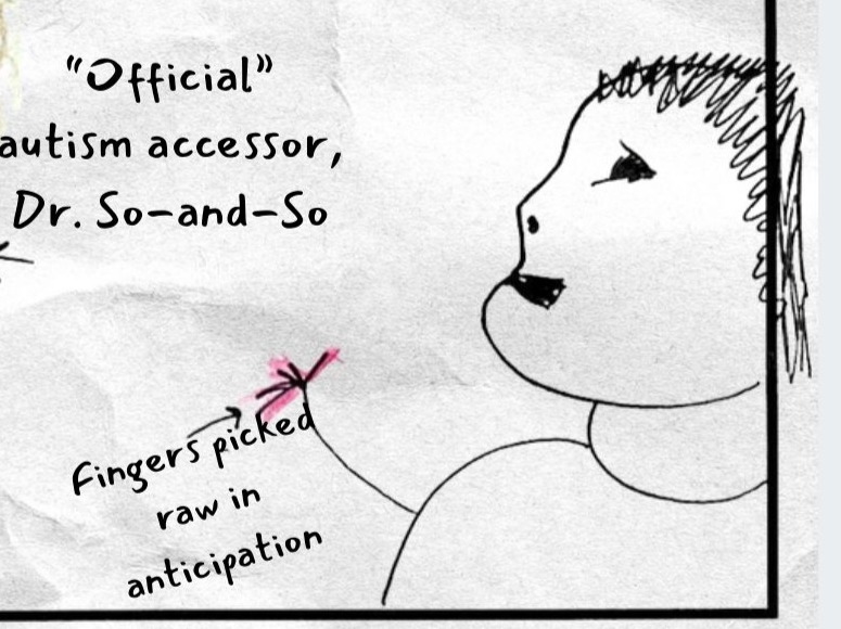 At right, a side-profile figure with bloody fingers has an annotation reading: fingers picked raw in anticipation.