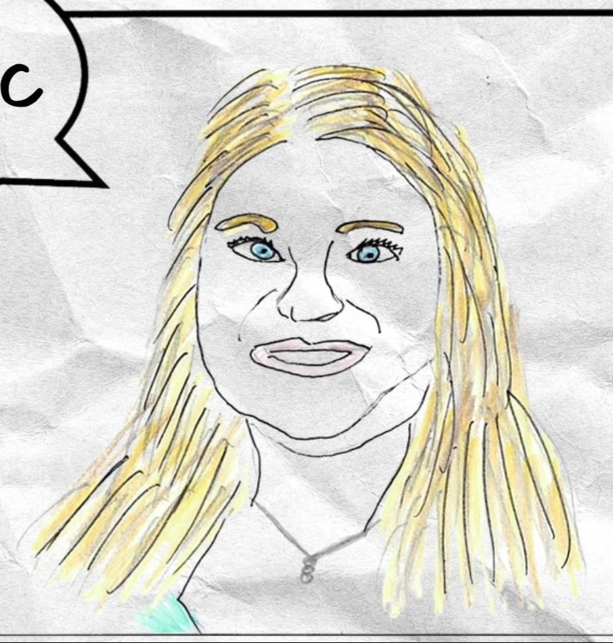 Bottom panel shows a blonde self-portrait with blue eyes and a neutral, stunned expression.