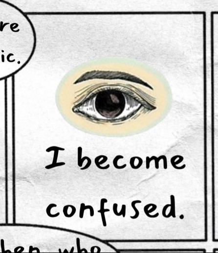 Top center panel shows an eye above the words: I become confused.