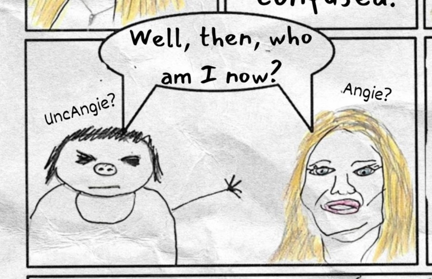 Middle left panel shows UncAngie and Angie facing each other. A speech bubble reads: Well, then, who am I now?