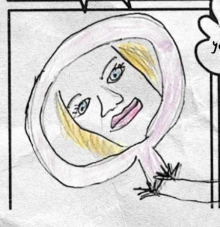 Bottom left panel shows Angie’s face inside a hand mirror.